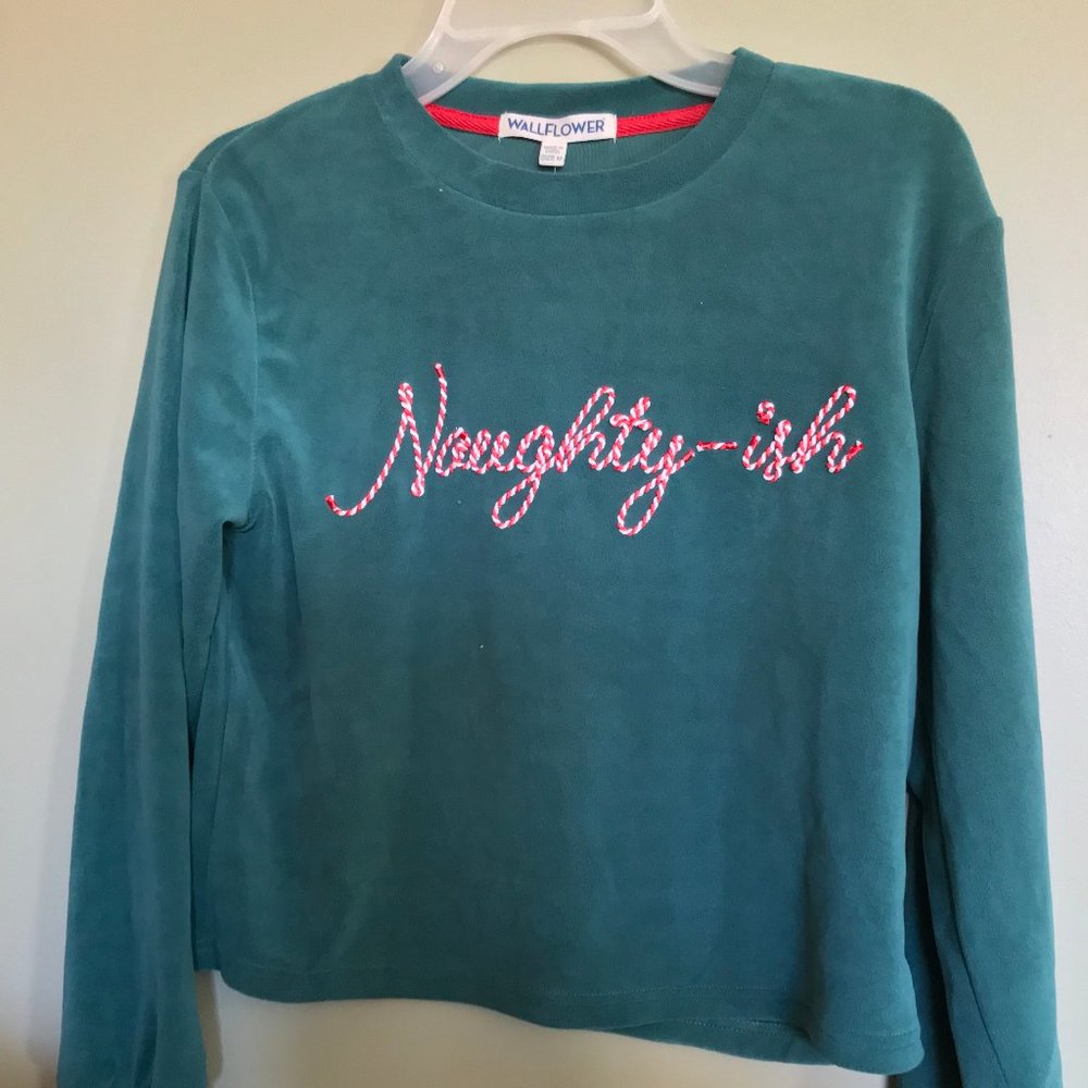 NWT Christmas WALLFLOWER brand "Nauty-ish" Plush Sweatshirt in Teal